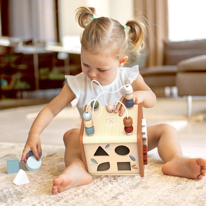 5-in-1 Activity Cube, Educational Wooden Toy with Bead Maze, Shape Sorter, Gears, Puzzle & More, Develops Social, Communication & Numeracy Skills, Non-Toxic Paint, Ideal for Kids | bead maze, shape sorter, gears, puzzle, 5-in-1 cube, montessori toys, p...