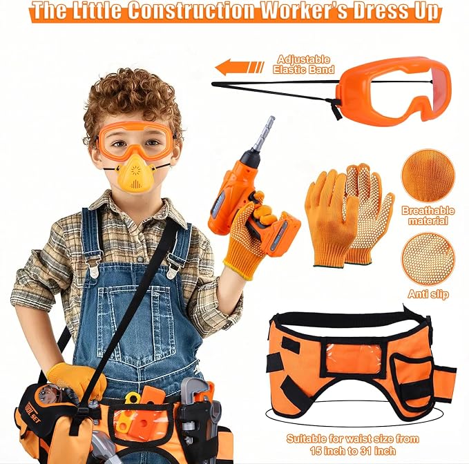Magic4U Kids Tool Set, 52PCS Toddler Toolbag with Electric Drill, Tool Belt | Electric Drill with 3 bits, Pretend Play Construction Toys Costume Adjustable Tool Belt, Gloves and Goggles for Age 3-8