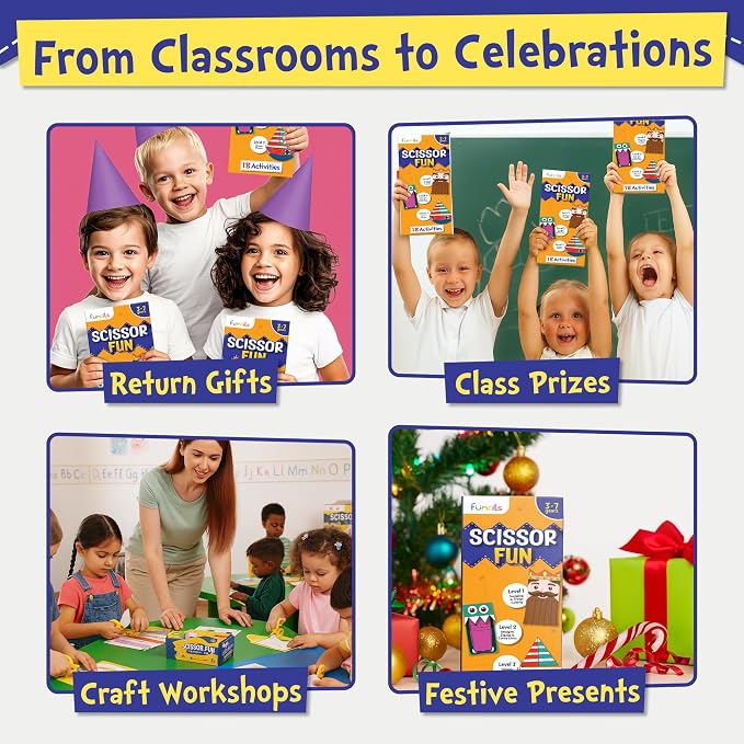 Funcils 15 Educational Kids Party Favors, Scissor Craft Kits, Age 3 4 5 6 7 | Scissor Skills Craft Activity Kits with Book, Scissors & Glue - Birthday Goodie Bags Stuffers, Classroom Gifts for Boys Girls
