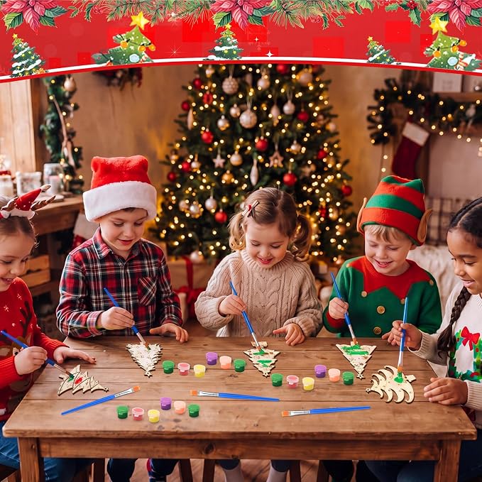 Saypacck 24 Pcs Christmas Tree Party Favors Wooden Paint Craft Kits | Includes Brushes Paints, Christmas Tree Designs, Organza Bags for Goodie Bag Fillers, Christmas Stocking Stuffer Gifts