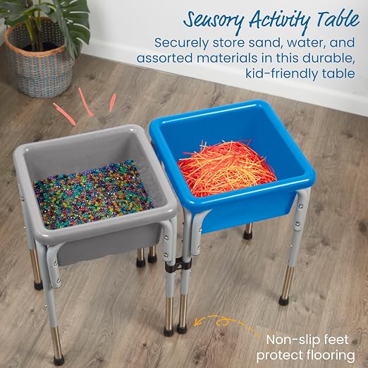 ECR4Kids 2-Station Sand and Water Adjustable Play Table, Sensory Bins, Grey/French Blue | Durable plastic/steel, GREENGUARD Gold Certified, 3-5 years, 80 lb capacity, adjustable legs, easy-lift lids, indoor/outdoor