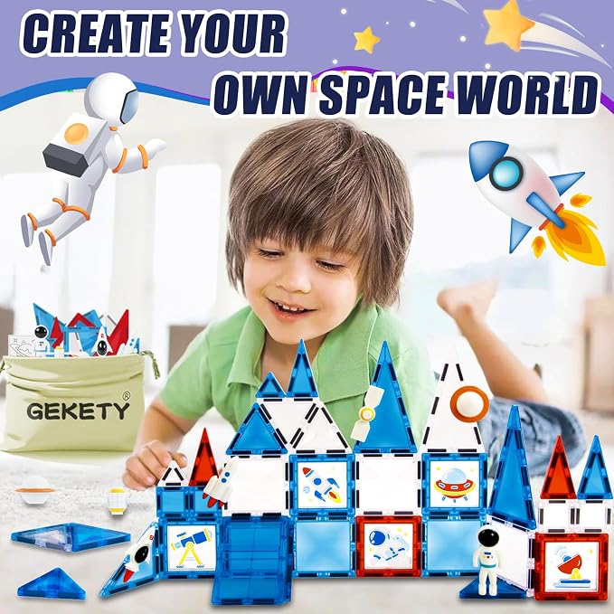 Magnetic Tiles 58 Pcs, Space STEM Building Blocks Toy for Kids | Inspires creativity, imagination, and problem-solving skills through hands-on STEM construction play
