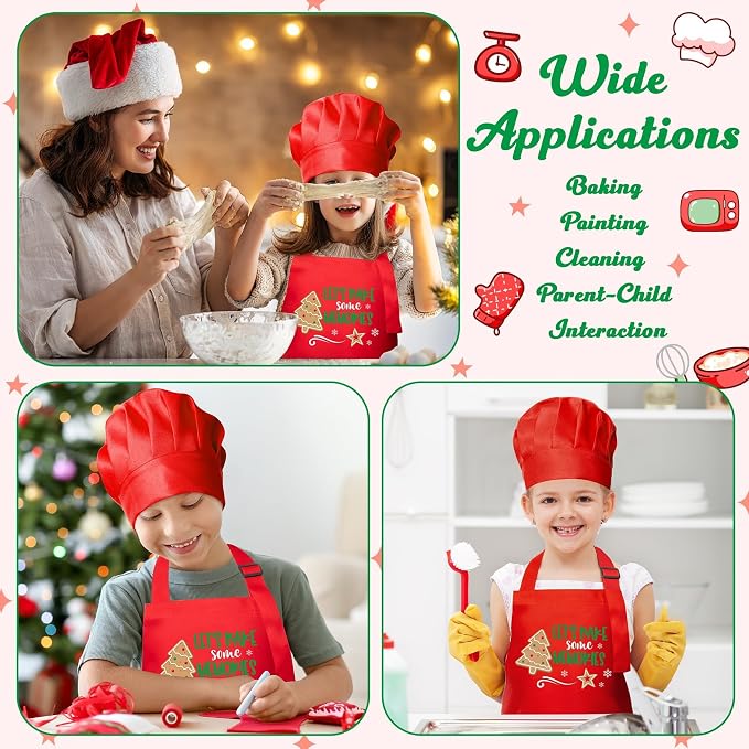 R HORSE 2 Pieces Christmas Kid Apron and Chef Hat Set, Pretend Play Toy | Xmas Red Adjustable Children Kitchen Apron, Ideal for Cooking, Baking, Painting, Birthday Christmas Gift