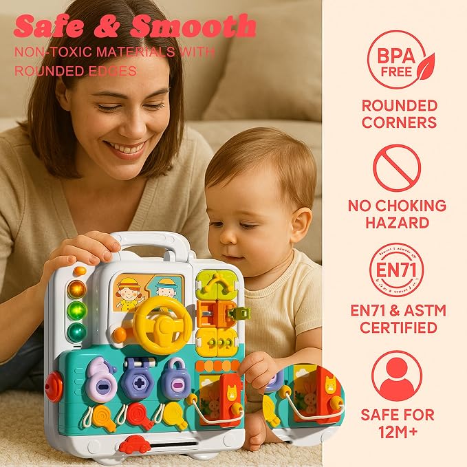 Busy Board for Babies 6-12 Months, 54-in-1 Musical Travel Board | Portable Activity Board with Lights & Music, Fine Motor Skills, Sensory Travel Toys for Airplane Cars, Gift for Boys Girls