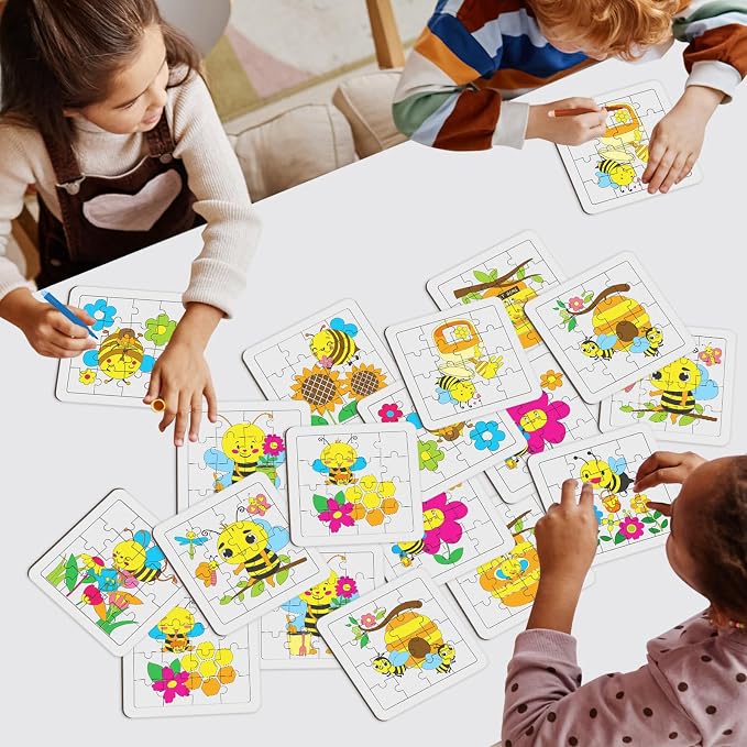 Cinrobiye 24 PCS Bee Coloring Jigsaw Craft Kit for Kids, DIY Bumblebee Activity Set Bulk with 12 Designs, Spring Insect Party Favors, Classroom Art Projects, Summer Decorations