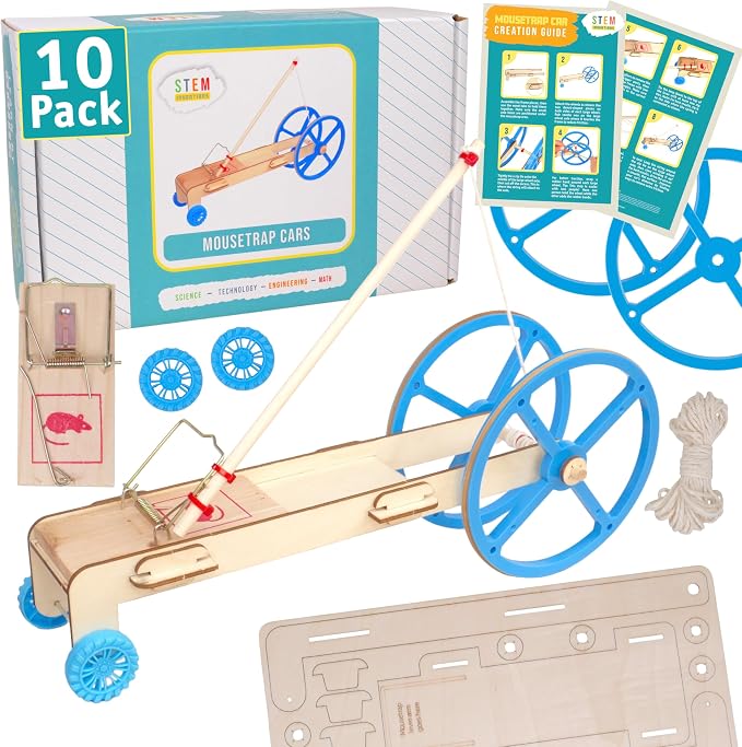 Mousetrap Car Kit, 10-Pack - Classroom Physics STEM Kits, Ages 8+ | Builds 10 mousetrap-powered cars, stored energy becomes motion, rebuild class after class