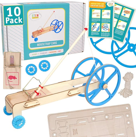 Mousetrap Car Kit, 10-Pack - Classroom Physics STEM Kits, Ages 8+ | Builds 10 mousetrap-powered cars, stored energy becomes motion, rebuild class after class
