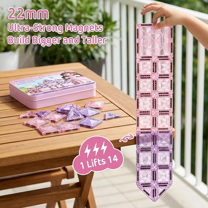 Magnetic Tiles Girls Travel Toy: 42 PCS Pink Glitter Castle Tin Box | 120 Mins Quiet Play & 60s Cleanup On the Go for Airplane Road Trips - Portable Safe Building Blocks Toddler Kids Gift Age 3-6