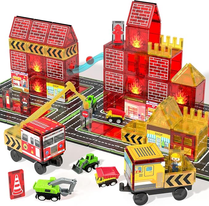 Magnetic Tiles Fire Truck Set,Magnet Blocks for Kids Ages 4-8 Boy STEM Toys | City Fire Rescue Station,Firefighter Pretend Play, Crane, Road,Car,Construction Building Toys for 4-8 Year Old Birthday Gifts