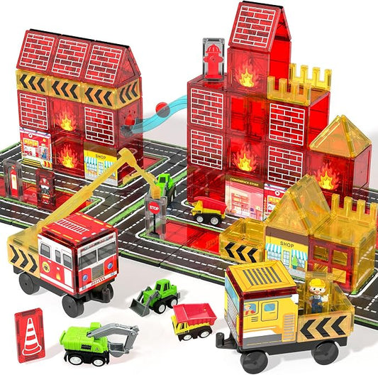 Magnetic Tiles Fire Truck Set,Magnet Blocks for Kids Ages 4-8 Boy STEM Toys | City Fire Rescue Station,Firefighter Pretend Play, Crane, Road,Car,Construction Building Toys for 4-8 Year Old Birthday Gifts