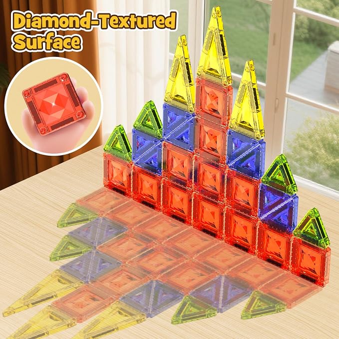 Mini Magnetic Tiles for Kids Travel: 40PCS Portable Building Blocks | Metal Storage Box & Visual Guide for 1-Minute Cleanup - Diamond Sparkle STEM Travel Toys for Toddlers Boys Girls Age 3-8