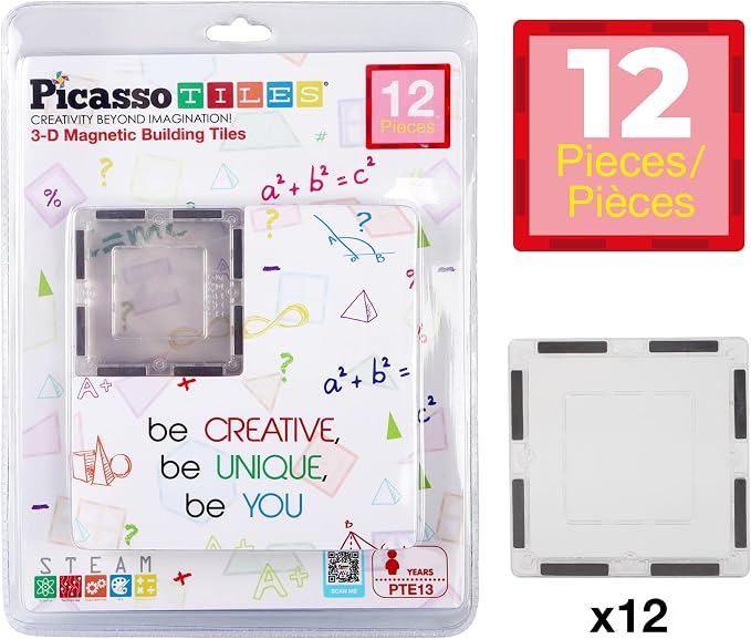 PicassoTiles Clear Transparent Magnetic Tile Expansion Set STEM Educational Construction Toy Kit for Kids Age 3 Plus Magnet Building Blocks Preschool Learning Creativity and Skill Development PTE13