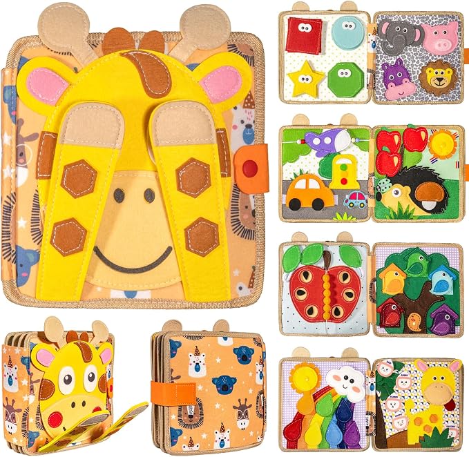 Montessori Busy Board for Toddlers, Sensory Educational Activities Board for Learning Fine Motor Skills, Travel Toys for Airplane Car, Gift for Girls Boys 2-4 Years Old (Giraffe)
