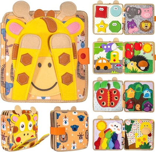 Montessori Busy Board for Toddlers, Sensory Educational Activities Board for Learning Fine Motor Skills, Travel Toys for Airplane Car, Gift for Girls Boys 2-4 Years Old (Giraffe)