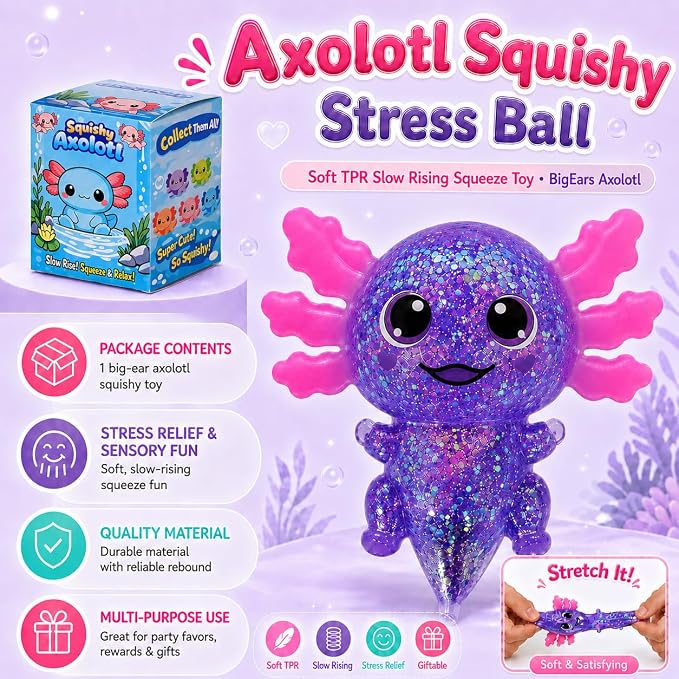 Axolotl Squishy Stress Ball, Soft TPR Slow Rising Squeeze Toy, Cute Axolotl Fidget Toy for Stress Relief, Anxiety Calming Sensory Toy for Kids Adults(Purple BigEars Axolotl)