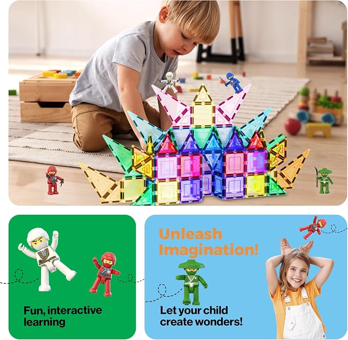 PicassoTiles Ninja Action Characters for Magnetic Tiles Building Block Toy Sets Accessory Add On Kit for Magnet Tile Playsets for Toddlers Boys Girls Ages 3+ Pretend Play STEM Educational Toys PTA14