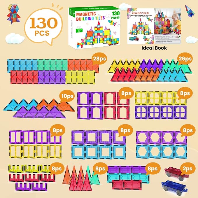 Paaxido Magnetic Tiles - 130PCS Magnetic Blocks for Kids, Magnet Tiles Building Blocks Set with 2 Cars, Construction STEM Magnet Toys Gift for Kids, Boys and Girls 3 4 5 6 7 8+ Year Old