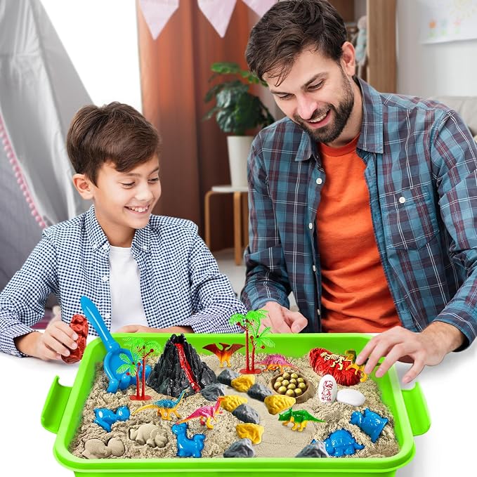Sensory Bin Dinosaurs Kit with Sensory Sand | Play Sand, Pretend Play Beach Toy, Sandbox for Girls and Boys