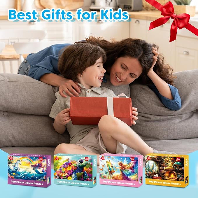4 Packs 100 Piece Puzzles for Kids Ages 6-8 8-10, Fantasy Mermaid Unicorn Puzzle for Girls 4-6 Years Old Educational 100 Piece Large Jigsaw Puzzles, Kids Puzzles 4-6 Toys Gifts for Girls Boys