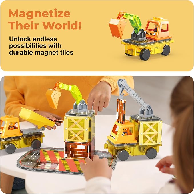 PicassoTiles Magnetic Tiles Construction Set, 5-in-1 Vehicle Toys Ages 3+ | 5 build configurations, 2 poseable action figures, 2 car bases, durable non-toxic pieces, hands-on STEM play