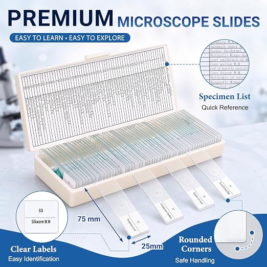 Tellegloww 60 Pcs Microscope Slides with Specimens for Kids & Students | Prepared Slides, Plant, Insect, Animal Tissue, Microorganisms, Biology Slide Set for STEM, Homeschool and Science Lab