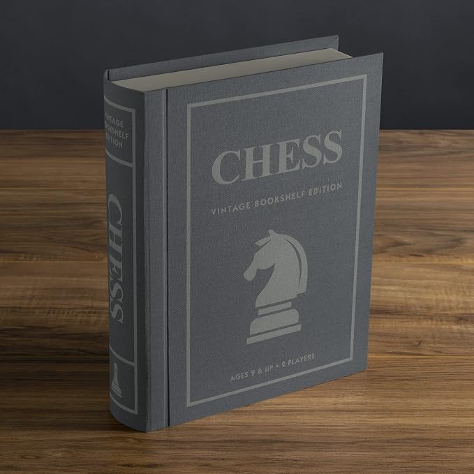 WS Game Company Chess Vintage Bookshelf Edition Board Game with Wood Pieces | Classic 2-Player Strategy Game, Linen-Wrapped Book Box, Integrated Storage, Full-Size Folding Board, Adults and Kids 9 and Up