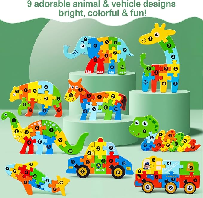 9 Pack Wooden Puzzles for Kids Ages 3-5, Montessori Animal Puzzles | 90 Pieces, CPC certified, with Numbers 1-10, Chunky Jigsaw Puzzles in Gift Box, Educational Learning Toys, Boys Girls Gift