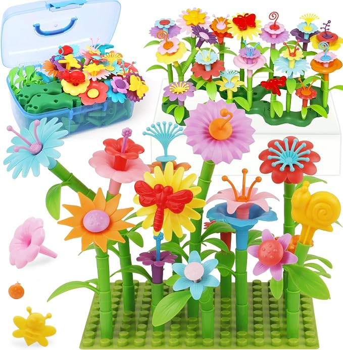 IQKidz Toddler Toys for Girls 2-4 Years Old, Flower Garden Building with Insect Features, Storage Box for Kids Age 3 5 6 7 8, Stacking Educational Preschool Learning STEM Activities 157 pcs