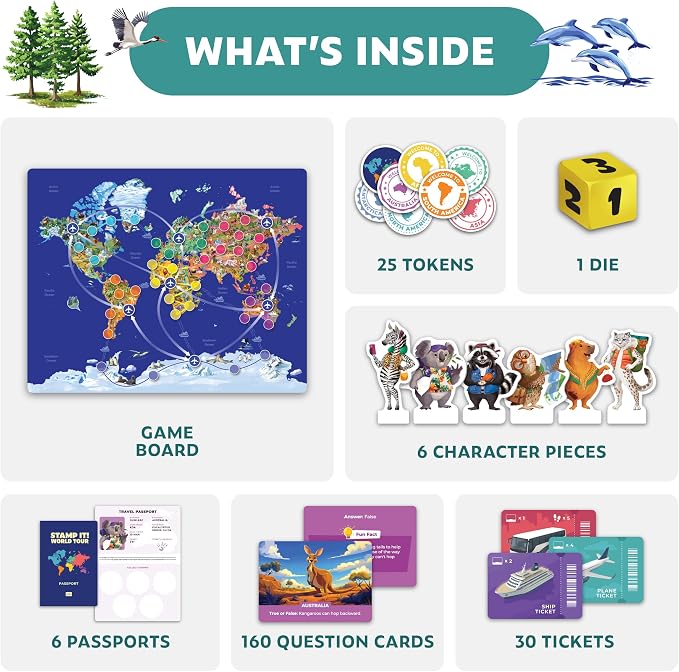 Stamp It! World Tour, Educational Map Geography Board Game for Kids 8-12 | Family, classroom & homeschool essential, learning gift, travel across the world, collect stamps & practice geography trivia