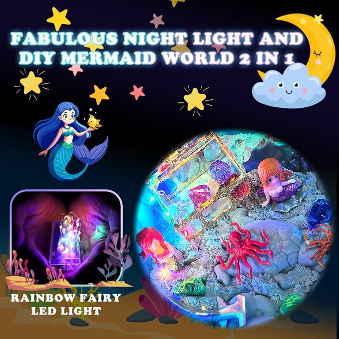 GAIETYDIY Mermaid Sensory Bin for Girl, Magic Sand Art Kit with LED Light | 2.2lbs Sensory Sand, Ocean Sea Animals, Sand Box with lid, Mermaid Toy Christmas Birthday Gift for Girls Ages 3 4 5 6 7 8 9+