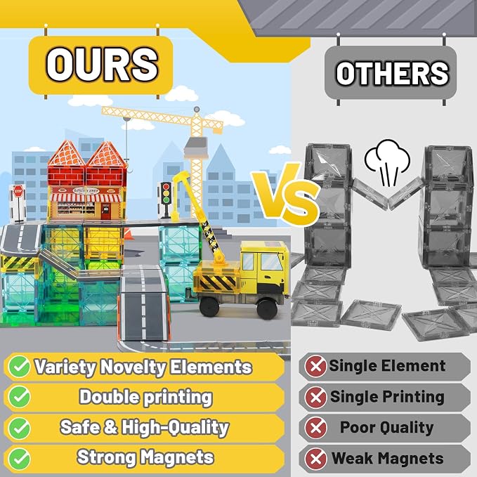 LionFuny 70Pcs Magnetic Tiles Magnetic Building Blocks, Building Toys for Kids Ages 3-5 4-8 8-12 Toddlers STEM Preschool Toy Boys Toys, City Construction Toys Set with 2 Cranes Train Tracks Road Car