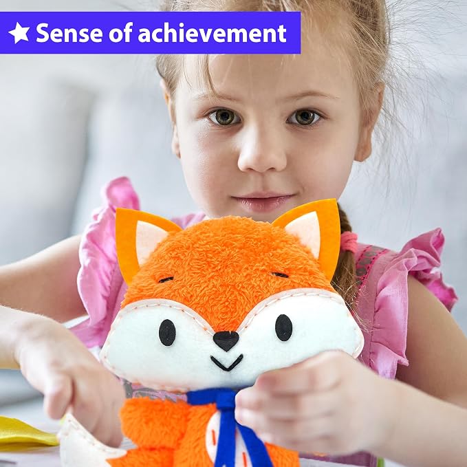 KRAFUN Fox Sewing Kit for Kids Ages 8-12 - No Scissors No Glue | Pre-cut & pre-punched felt. Child-safe needle included. Sew your own plush fox. Beginner craft gift for girls & boys
