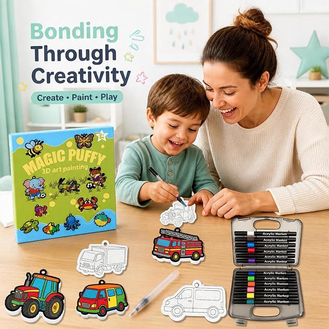 MWOMGLP Magic Foam Texture Painting Kit, 16 Pack DIY Puffy Foam Art Craft Set for Kids, 3D Sensory Painting Paper with Colorful Foam Sheets, Creative Gift for Boys Girls Ages 3+(Car)