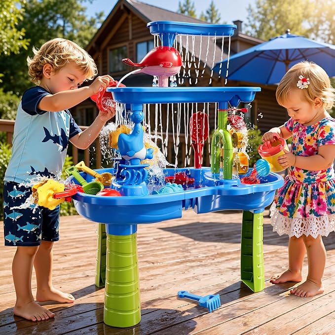 Water Table for Toddlers 3-5, 3-Tier Kids Sand Water Table, Water and Sand Activity Sensory Table Beach Outdoor Backyard Toys for Kids Toddlers Age 3 4 5 6 7 8 Boys Girls