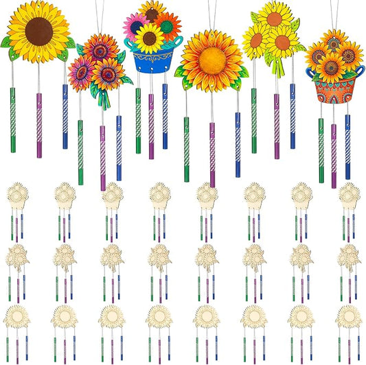 Leinuosen 30 Pcs Wind Chime Kit Make Your Own Sunflower Windchimes for Kids | DIY Windchimes Crafts Decorative Coloring Wooden Crafts for Spring Summer Party Art Activities Garden Home Patio Decorations