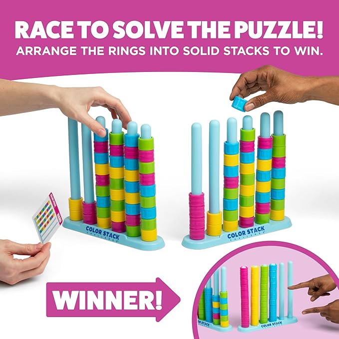 Color Stack Challenge by Relatable – A Fast-Paced Color Matching Puzzle Game for Fun Parties and Family Game Night. Includes 2 Stack Racks, 50 Challenge Cards, 80 Rings & Instructions