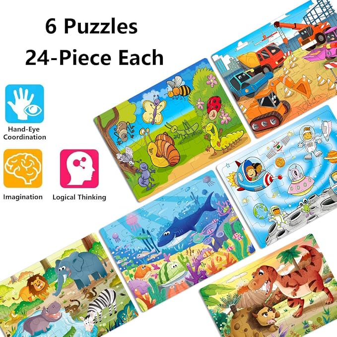Puzzles for Kids Ages 3-5 24 Piece Wooden Puzzles 6 Pack | Colorful Toddler Jigsaw Puzzles, Educational Learning Toys, Birthday Gifts for Boys Girls