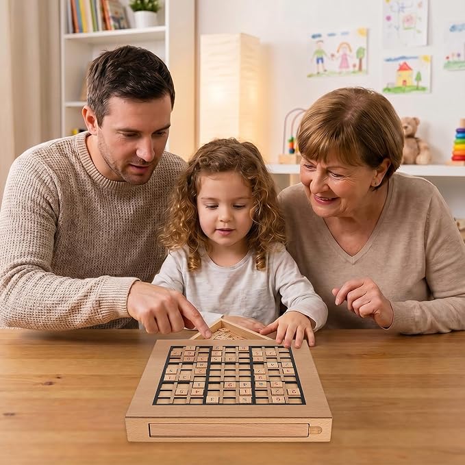 GOTHINK Wooden Sudoku Puzzle Set, Challenge Your Mind with 11.6 Inch Sudoku Board Game, Includes 90 Large Number & Thinking Tiles, 2 Drawers for Storage, for All Ages