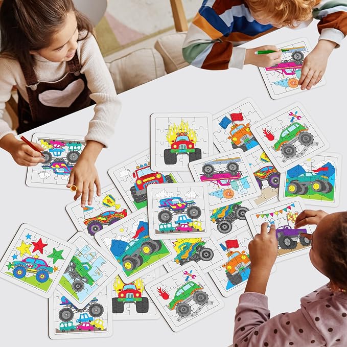 Cinrobiye 24 PCS Monster Truck Coloring Puzzle Craft Kit for Kids, DIY Race Car Jigsaw Puzzles Bulk with 12 Designs, Truck Birthday Party Favors, Classroom Art Activities, Game Rewards