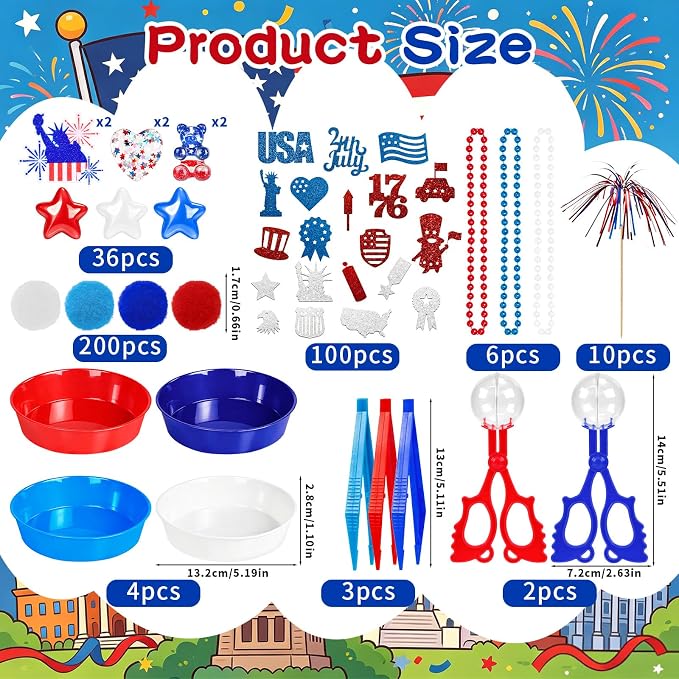 361Pcs Independence Day Sensory Bin Filler Independence Day Fine Motor Bin Item Includes Tweezers Scissor Pom Poms Stars Hearts Resin for 4th of July Counting Decor Motor Skills Development