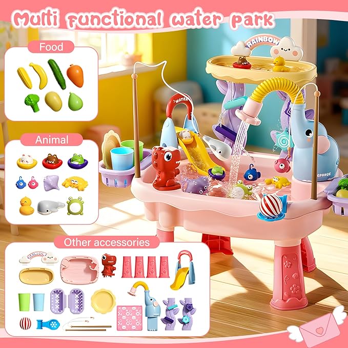 2027 Upgraded 4-in-1 Water Table for Toddlers 2-3, Kids Sensory Table with Electric Water Pump & Faucet, Kitchen Play Sink Toys with Food Accessories, Fishing Toy (NEW Pink)