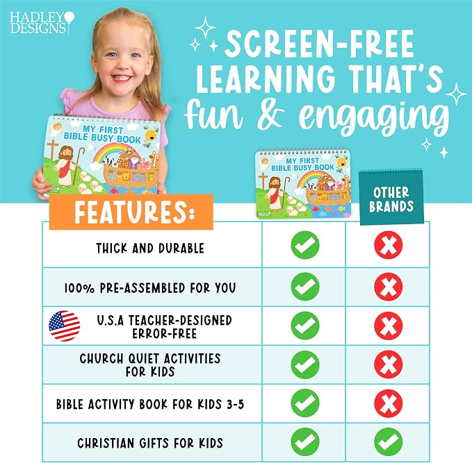 Hadley Designs My First Bible Busy Book Toddlers 3-5, Montessori Preschool Learning Activities Age 4-5, 152 Pcs Velcro Bible Activity Book, Church Quiet Activities for Kids, Noahs Ark Toys for Toddler