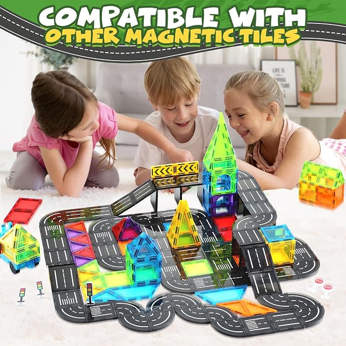 Magnetic Tiles, Construction Magnetic Road Tiles Set, STEM Road Blocks Building Tile, Educational Magnets Tile Toys for Boys Kids Toddlers Ages 3 4 5 6 7 8 9+ Year Old Gifts