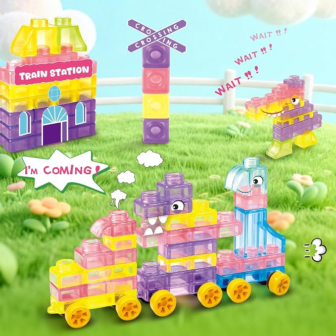 42PCS Soft Train Sensory Building Blocks with Wheels,Squishy Stacking Toy | Preschool Educational Creative Play, Montessori Squeezable, Stretchable Early Learning Construction Playset, Puzzle Blocks