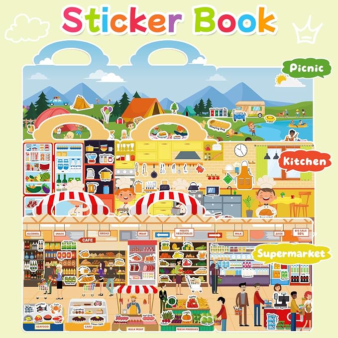 3 Sets Reusable Sticker Book for Toddlers 3-6, Jelly Sticker Books for Toddler, Travel Sticker Activity Toys for Kids 3 4 5 6 Years Old Girls & Boys（Weather + Insect + Beach）