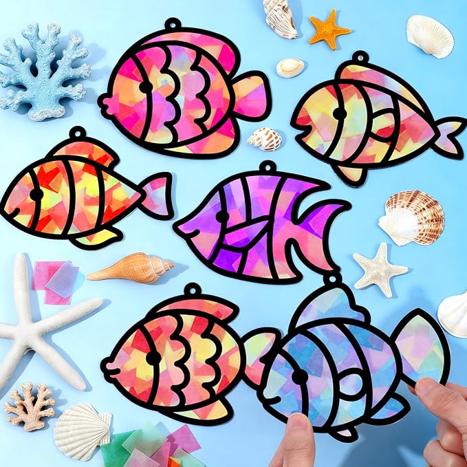 Qyeahkj 36 Set Under The Sea Fish Suncatcher Crafts for DIY Tropical Fish Window Tissue Paper Crafts Kit Summer Suncatcher Hanging Decor for Summer Home Activity Art Project Birthday Party Favor Gift