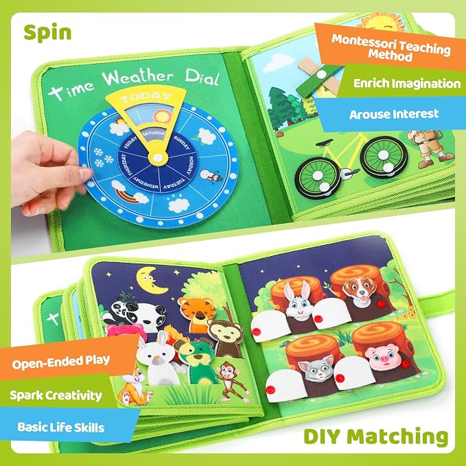 Busy Book for Toddlers 1-3, Montessori Toys Busy Board for 1 Year Old, Upgraded Composite Fabric Animal Forest Quiet Book with Fishing Game, Airplane Travel Essential Activities Birthday Gift Boy Girl
