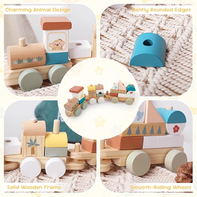 FReniland Wooden Montessori Train Set, 18PCS Wooden Building Blocks Train Toy for Toddlers 1-3, Stacking Learning Toy, Fine Motor Skills Preschool Educational Gift for Boys Girls
