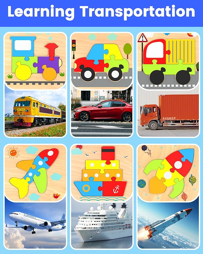 Benresive Wooden Toddler Puzzles, Toddler Toys, 1 2 Year Old Boy Girl Gift | 6 Pack Vehicle Montessori Toys for 1 2 Year Old, Preschool Educational Learning Toy, Great Birthday Gifts for Boys Girls