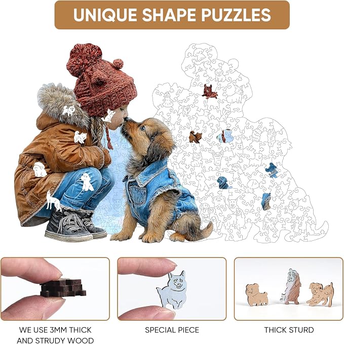 MEATRN Wooden Puzzles for Adults, Animal Wood Jigsaw Puzzles, 216 Pcs | Cute Little Girl Kissing Puppy, Heartwarming Parent-Child Game, Birthday Gift for Kids Home Decor, 11.4x11.4 in